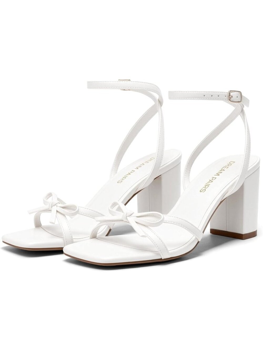 Women's White Faux Leather Square Open Toe Elegant Bow Strappy Block Heel Sandal